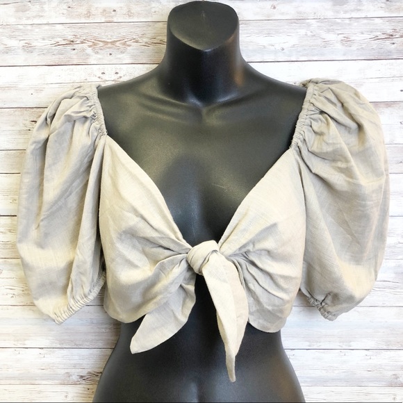 Fashion Nova Tops - 🍀FASHION NOVA Tan Linen Tie Front Crop Top